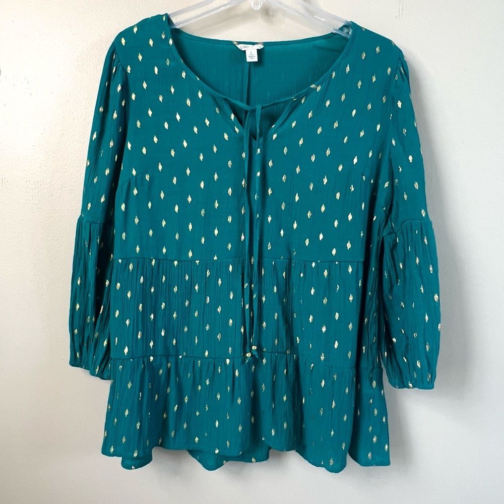 Cato Est 1948 Teal Boho Peasant Tiered Tunic Tie Blouse Gold Accents Gauze SZ L